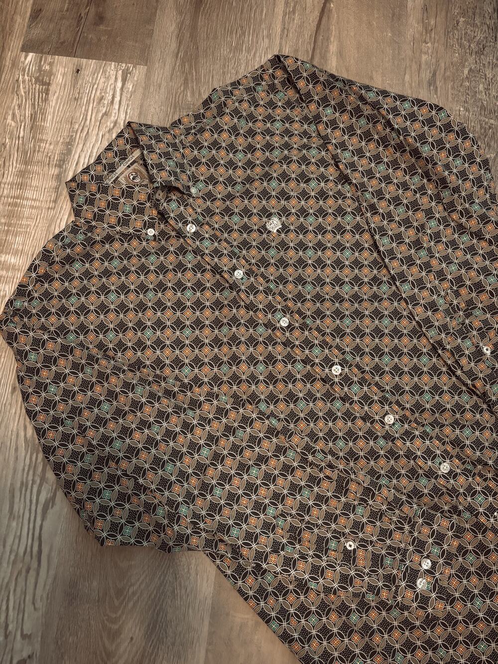 green/turquoise/orange cinch button up shirt